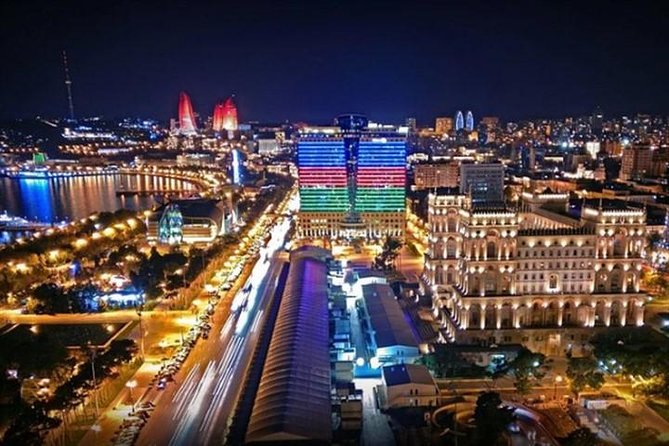 Baku night tour - The Flame Towers, seen close up at night